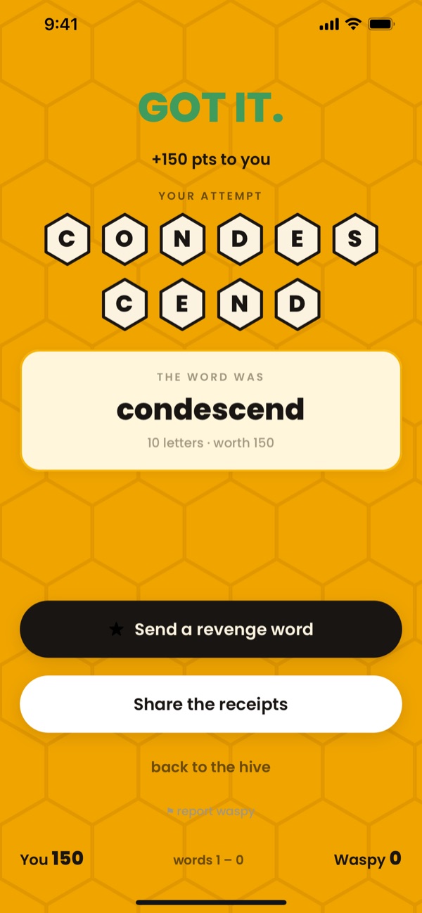 Bee Duels reveal screen showing GOT IT, the correct spelling, and points earned