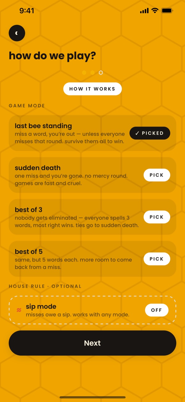 Bee Duels party mode setup screen with game modes: last bee standing, sudden death, best of 3, best of 5, and sip mode
